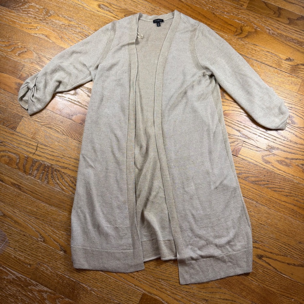 Talbots Linen Cardigan Women Gold Metallic Longline Open Front Medium Fisherman